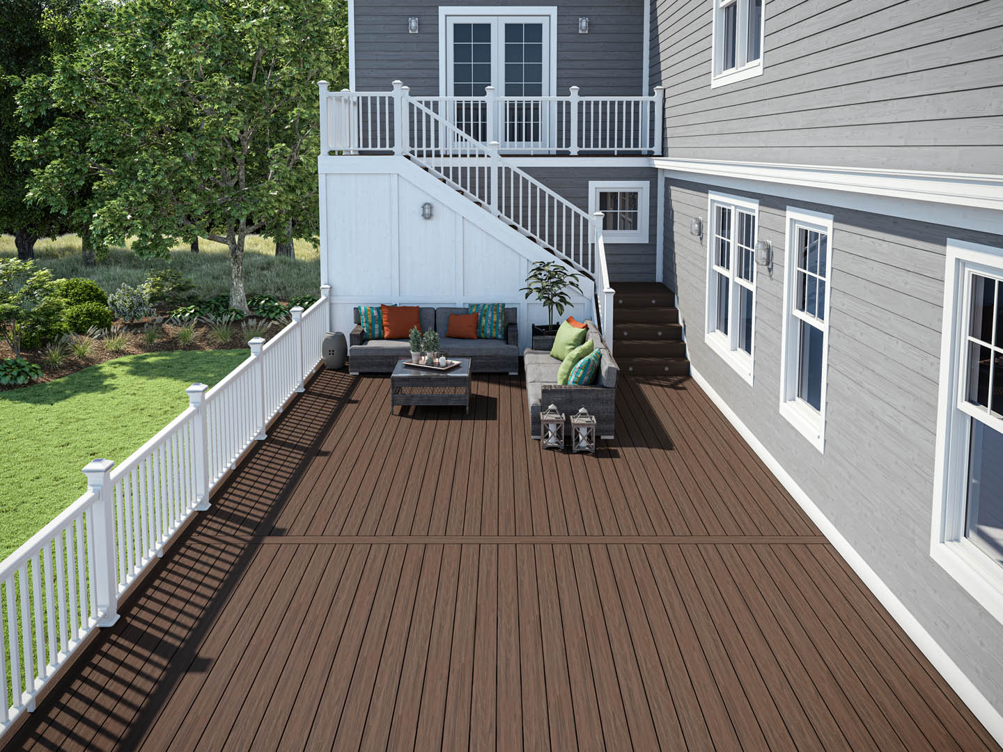 Deckorators for Lowe's Deck in Hana Brown with Classic Composite Rail in White #color_hana-brown