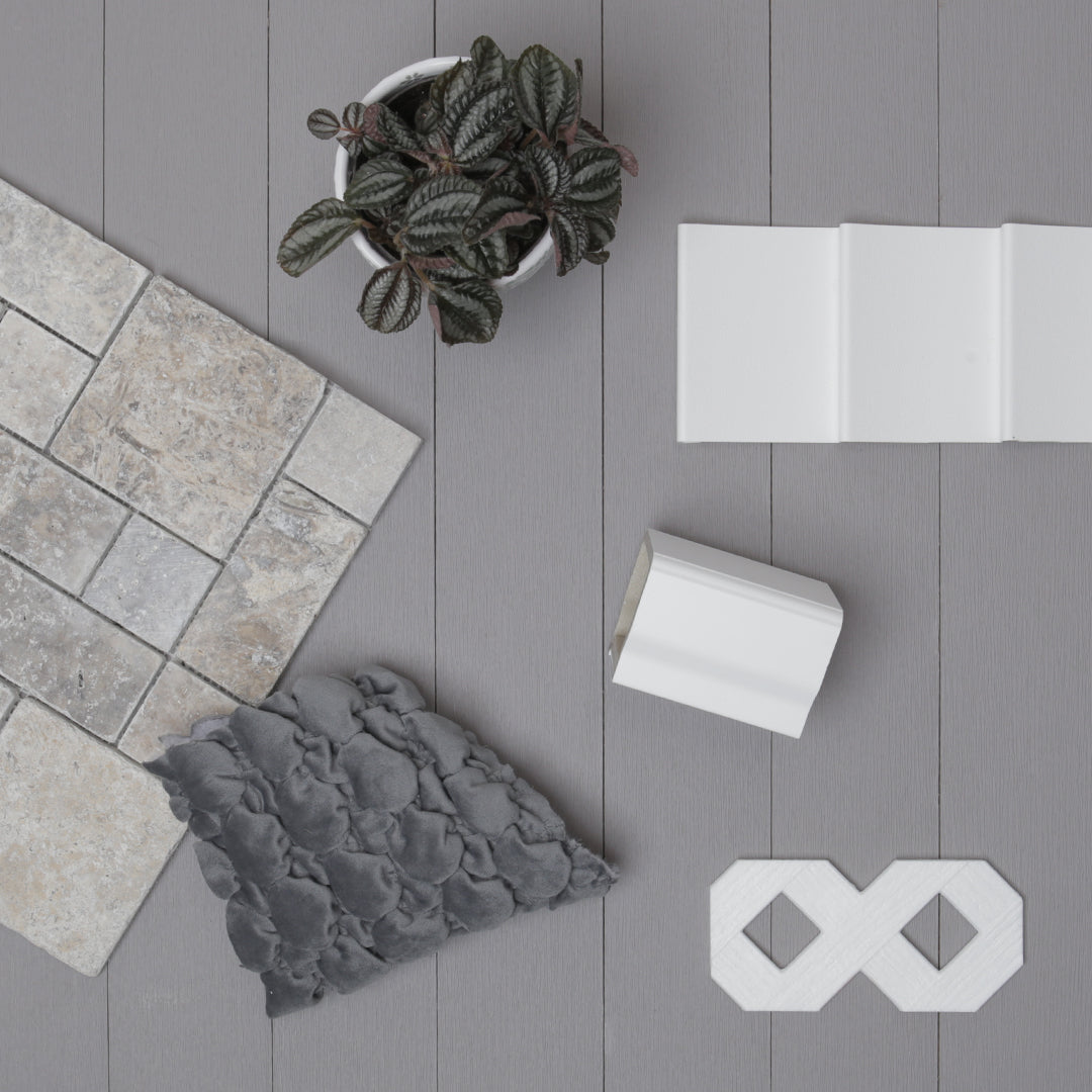 Mood Board Showing Deckorators Porch Flooring in Kettle Gray, White Lattice and other Decorative Accents