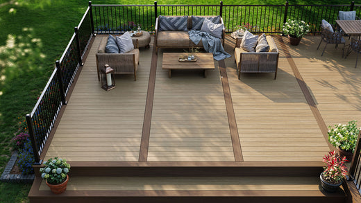 Large deck with step down made using Deckorators Summit Decking in Cliffside and Picture Framing in Boulder