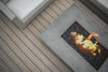 Overhead still image of a brown deck with gray table with lava rocks and an animated fire in the center.