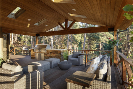 Outdoor Living Room with Wood Ceiling and Deck
