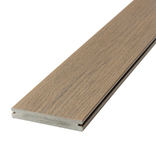 Angled Close-up Vista Grooved Deck Board in Dunewood